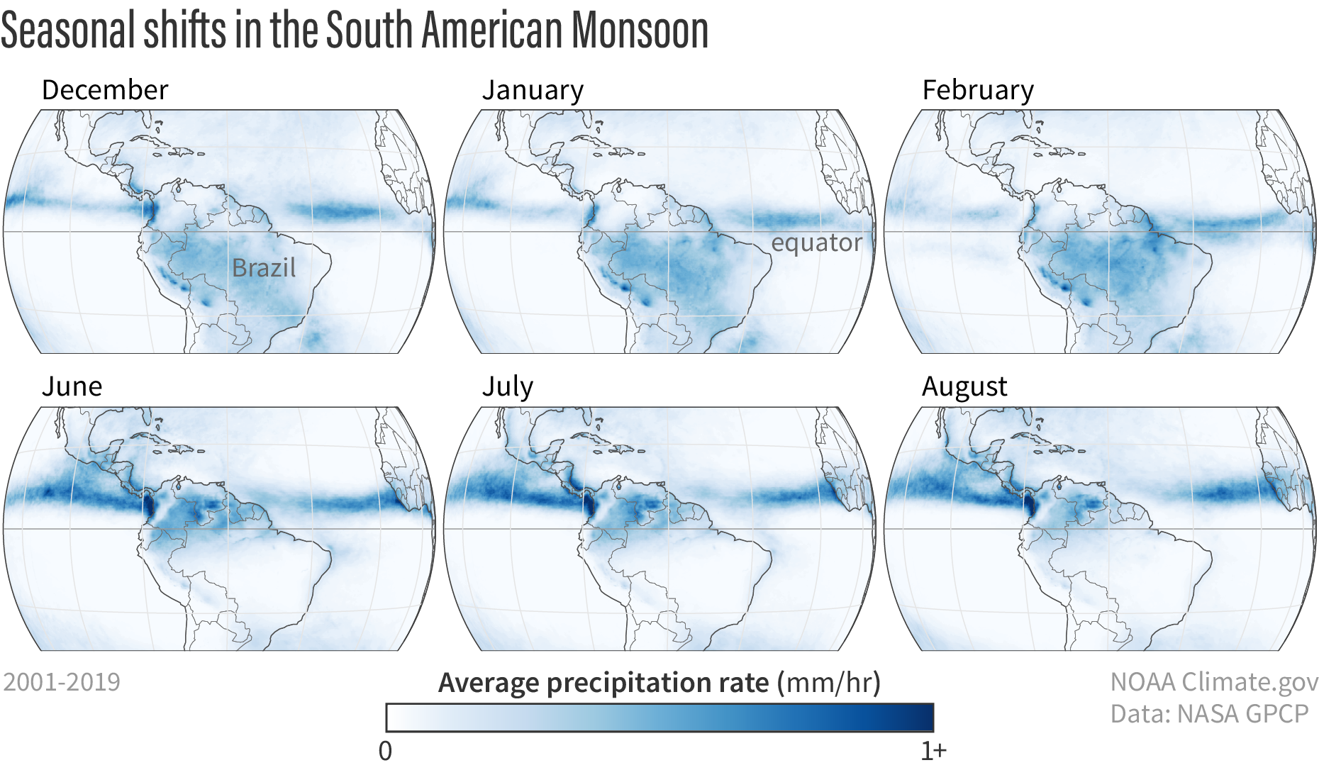 Six maps of northern South America showing seasonal rainfall