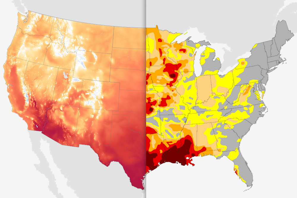 Map of temeprature in U.S. West merged with a map of drought across the East