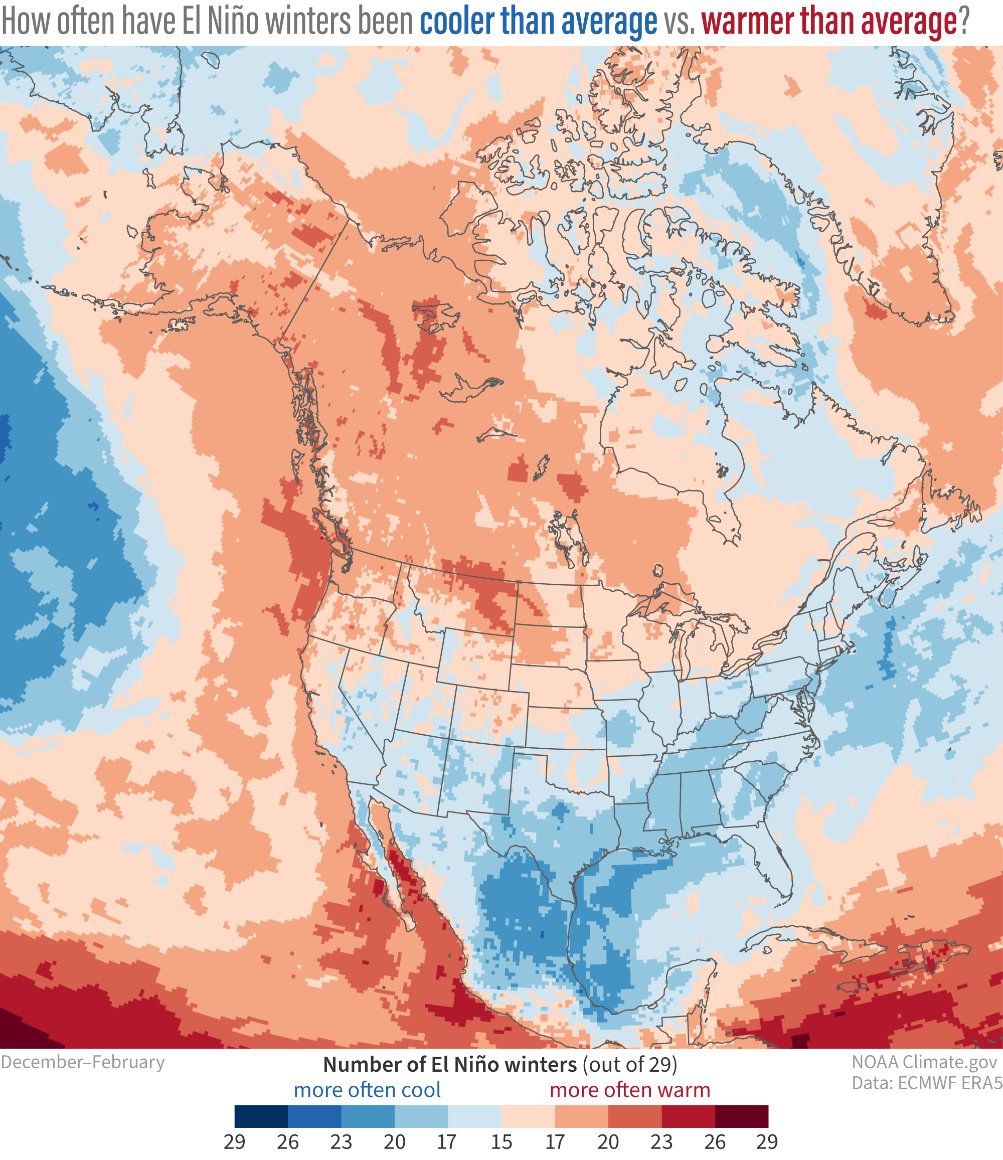 Map of North America showing frequency of below and above average winter temps