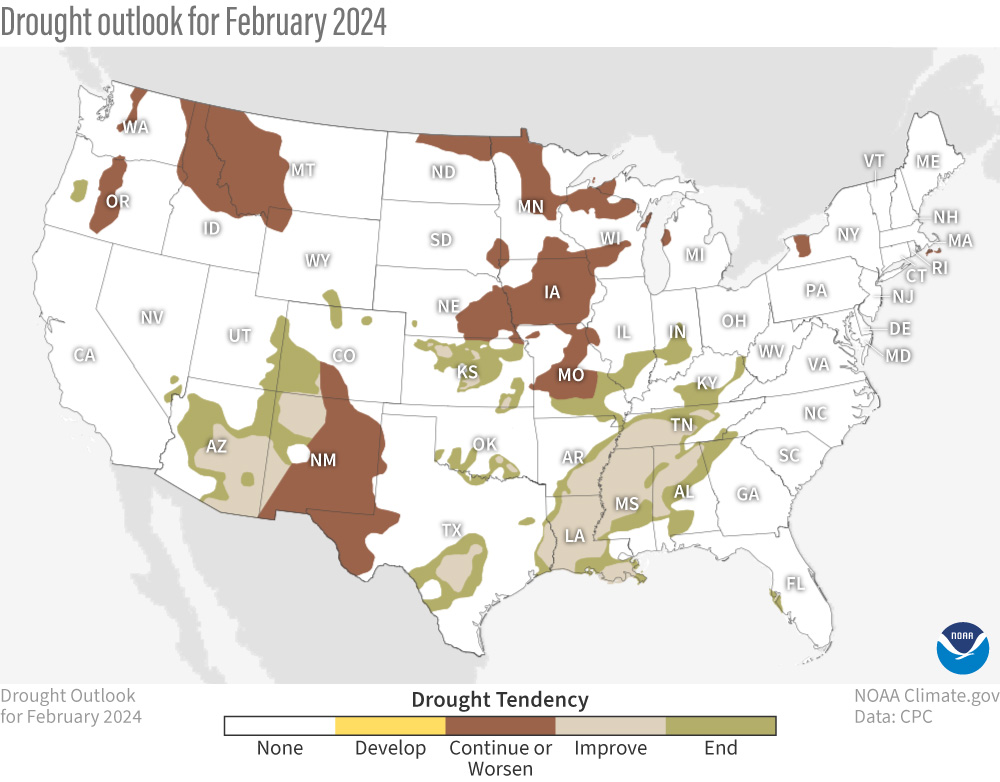 U.S. map of drought forecast for February 2024