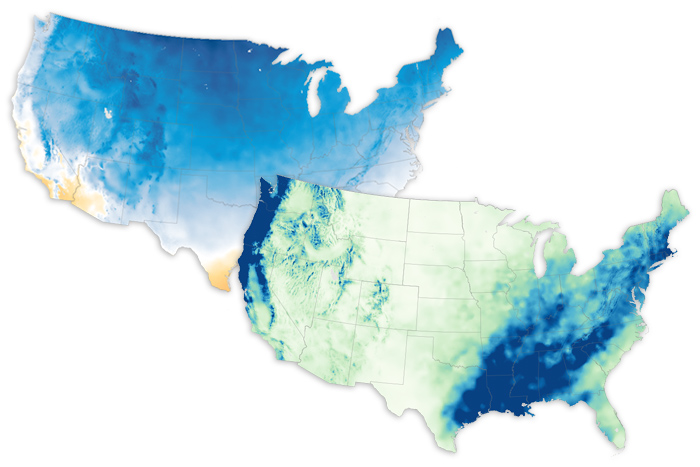 Pair of overlapping U.S. maps showing temperature and precipitation January 2024
