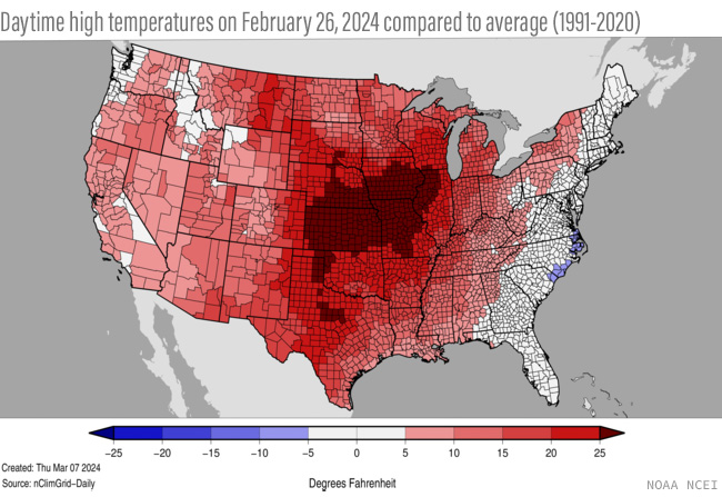 U.S. county map of temperature patterns on February 26