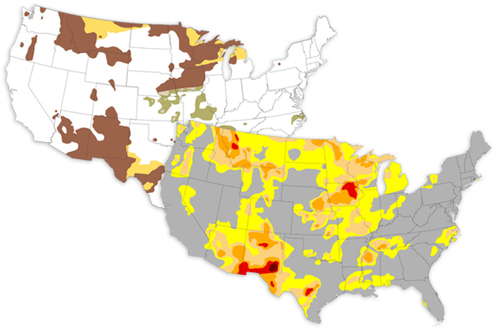 Pair of U.S. maps showing March drought forecast and drought conditions as of end of February 2024