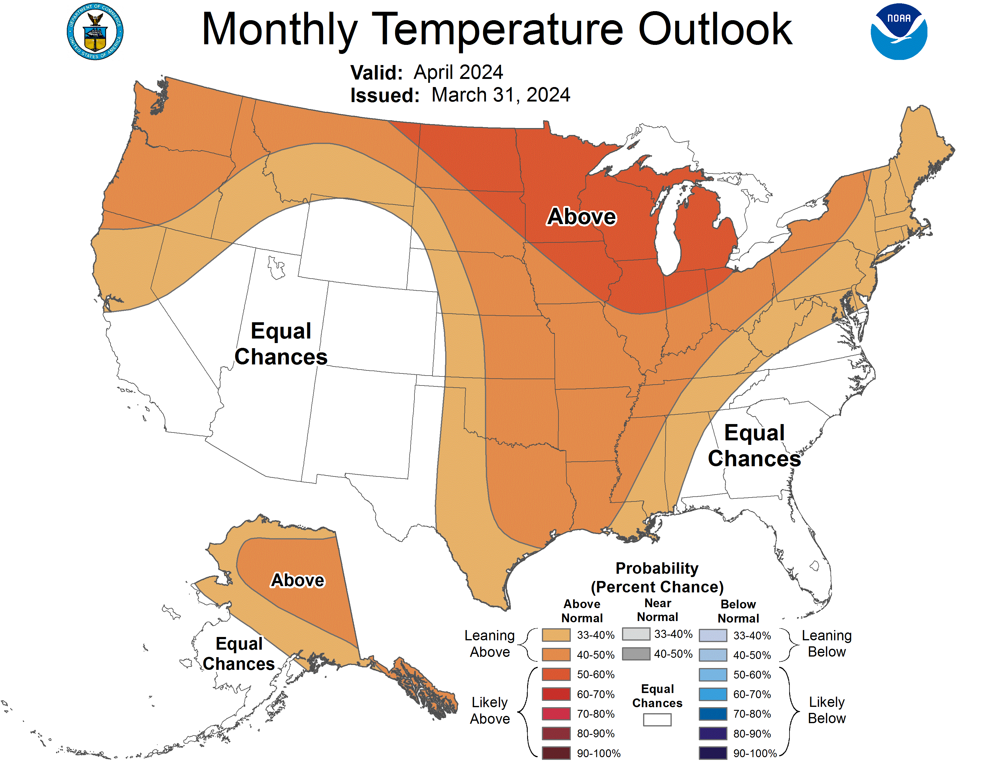 U.S. temperature forecast map for April 2024