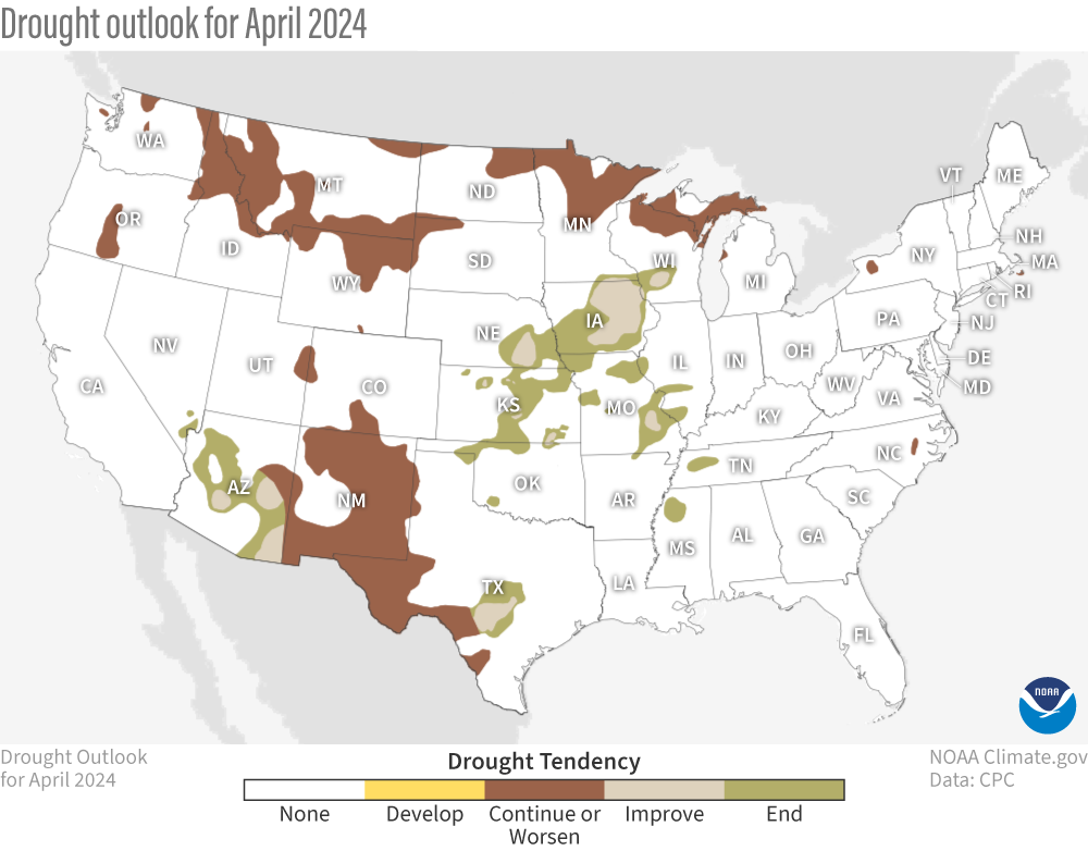 Map of contiguous United States showing drought forecast for April 2024