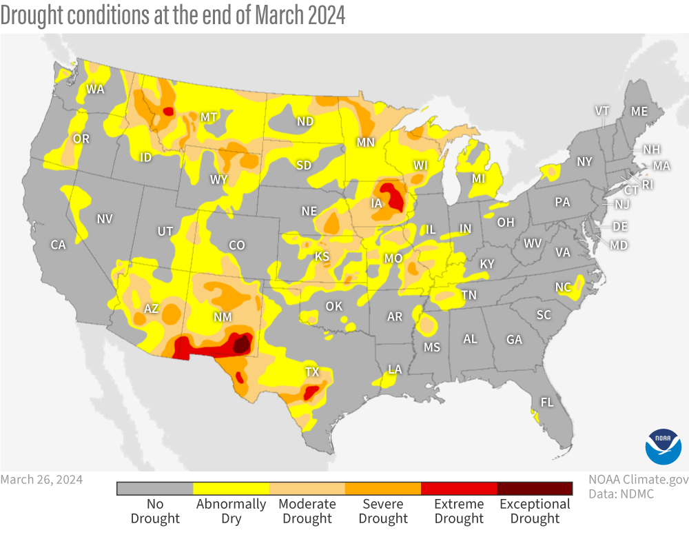 U.S. map of drought conditions as of March 26, 2024