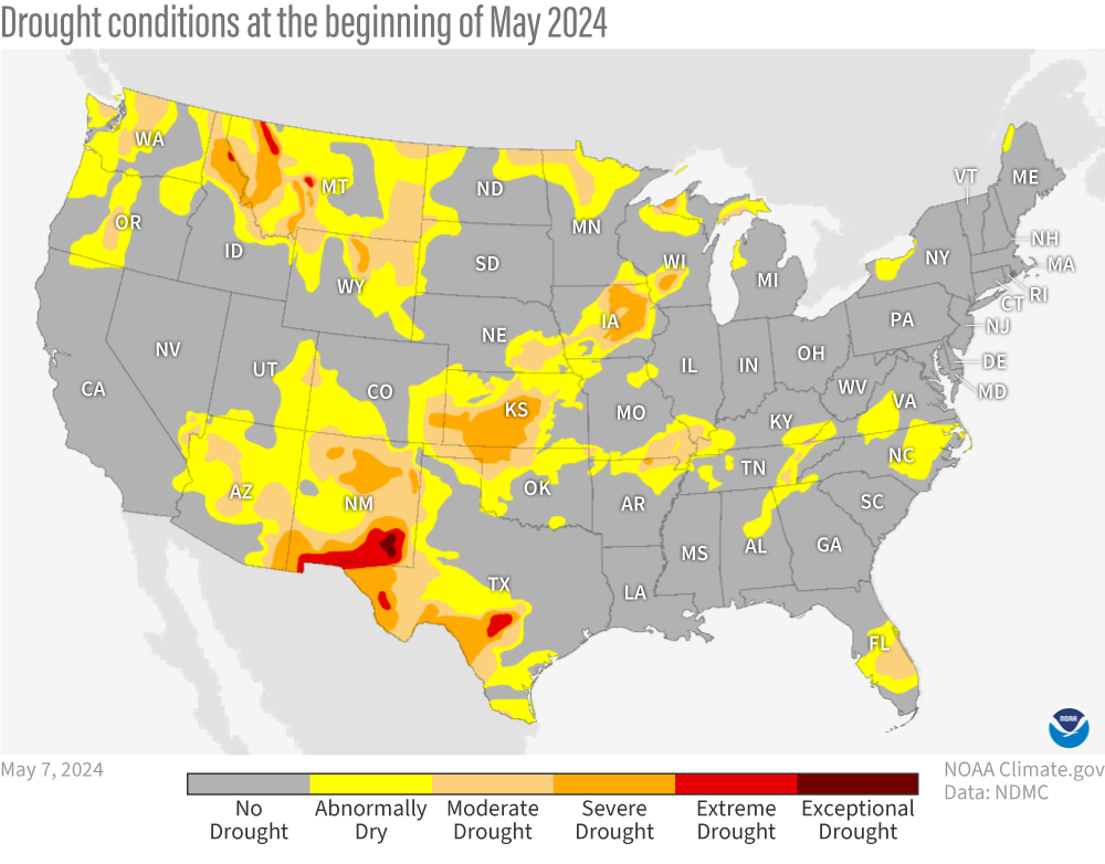 Map of drought status as of May 7, 2024, in different colors