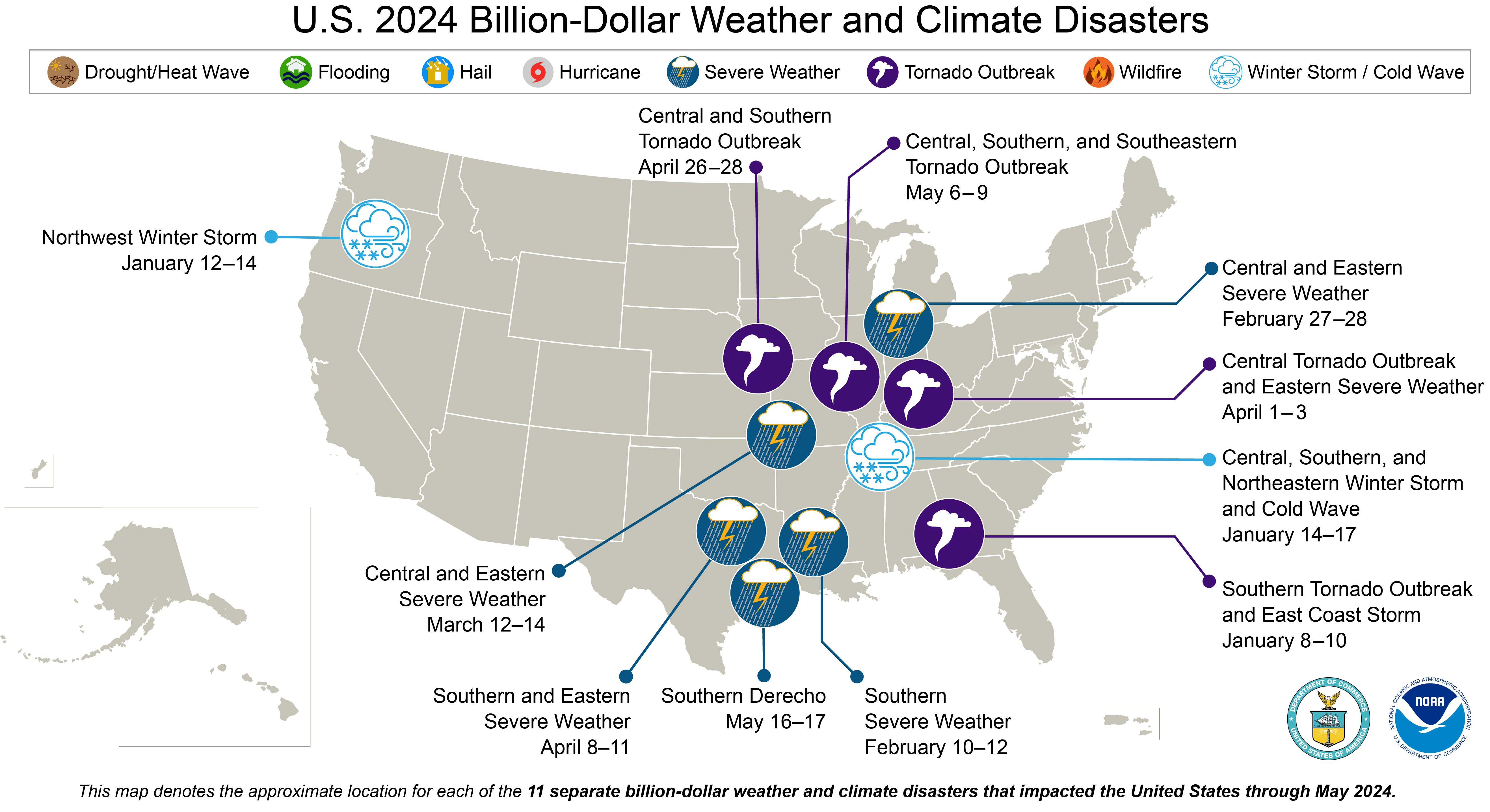 U.S. map of 2024 to date billion-dollar disasters showing location and type of events