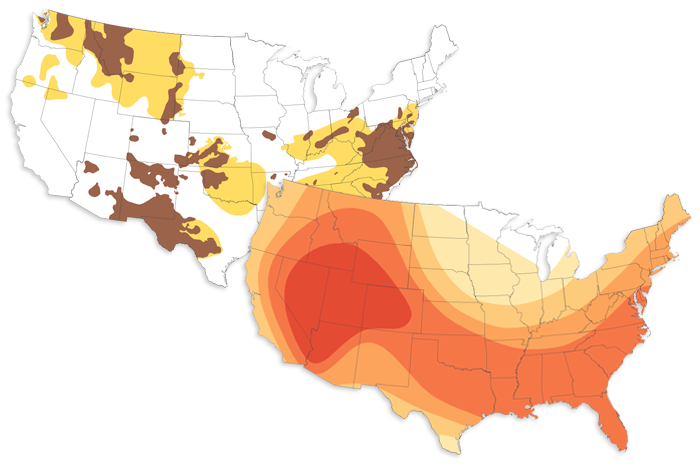 A U.S. drought outlook map and a temperature outlook map partially overlapping each other
