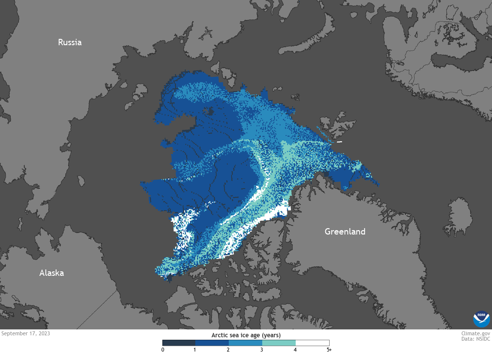 Map of Arctic Ocean showing ice of various ages