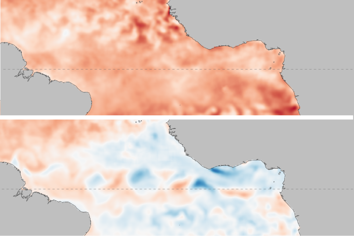 two maps of the tropical Atlantic ocean comparing warm and cool conditions
