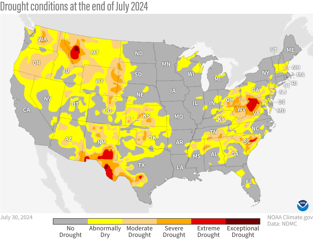 Map of continuous United States showing drought status using colors that range from yellow to very dark red