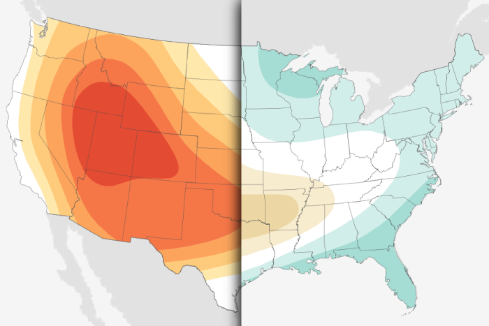 Mosaic of U.S. maps of temperature and precipitation probabilities for August 2024