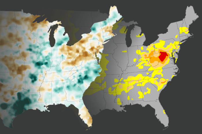 Side by side maps of Eastern United States comparing July percent of precipitation to drought conditions