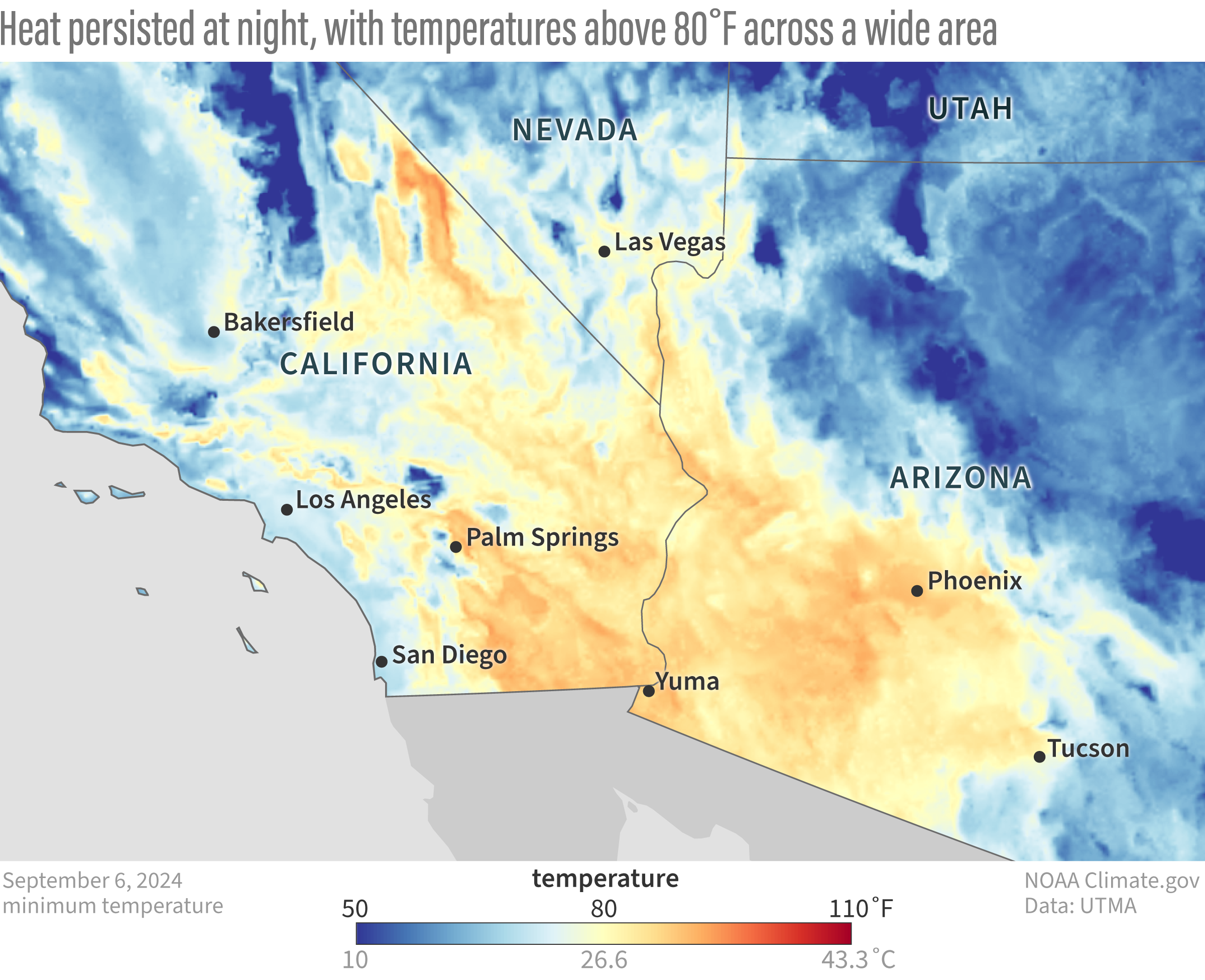 Map of heat wave showing extremely high overnight temperatures across California, Nevada, and Arizona