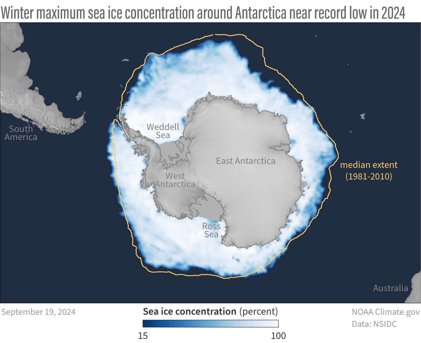 Map of Antarctic sea ice concentration, Sep-19-2024