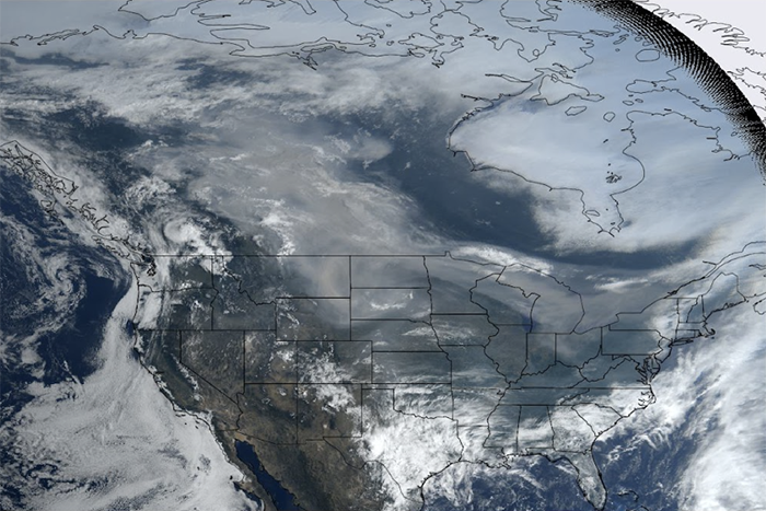 Satellite image of wildfire smoke across North America