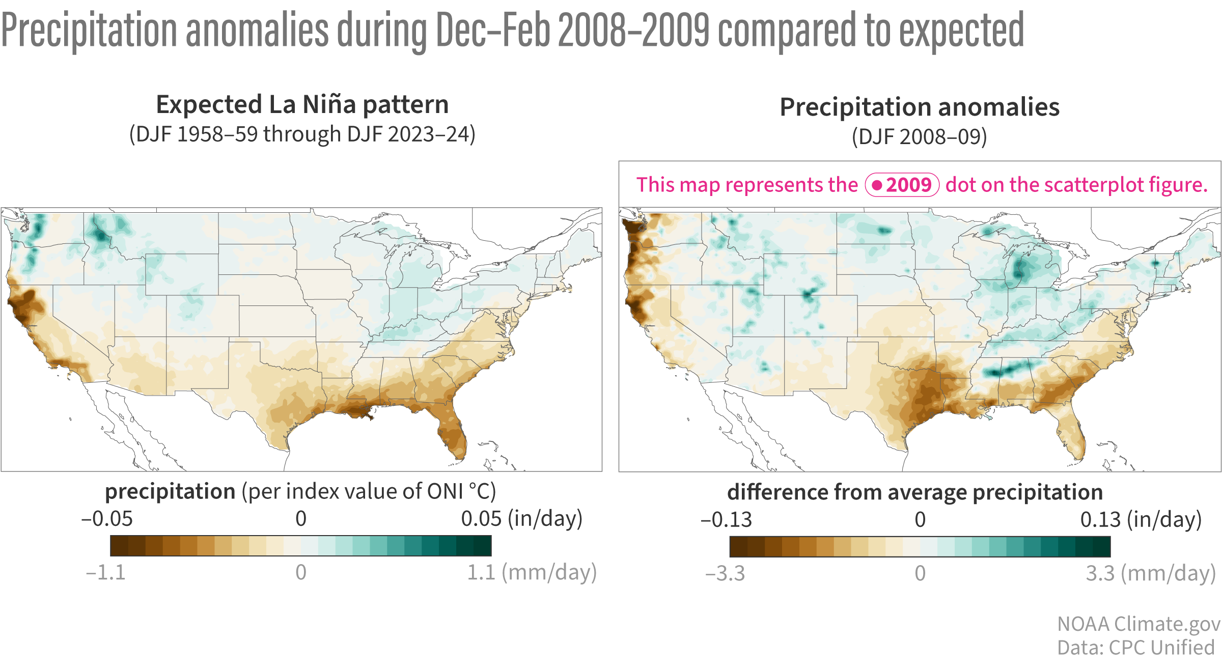 Map of the typical La Niña precipitation pattern over the U.S.  next to the 2008-09 winter which had the best match 