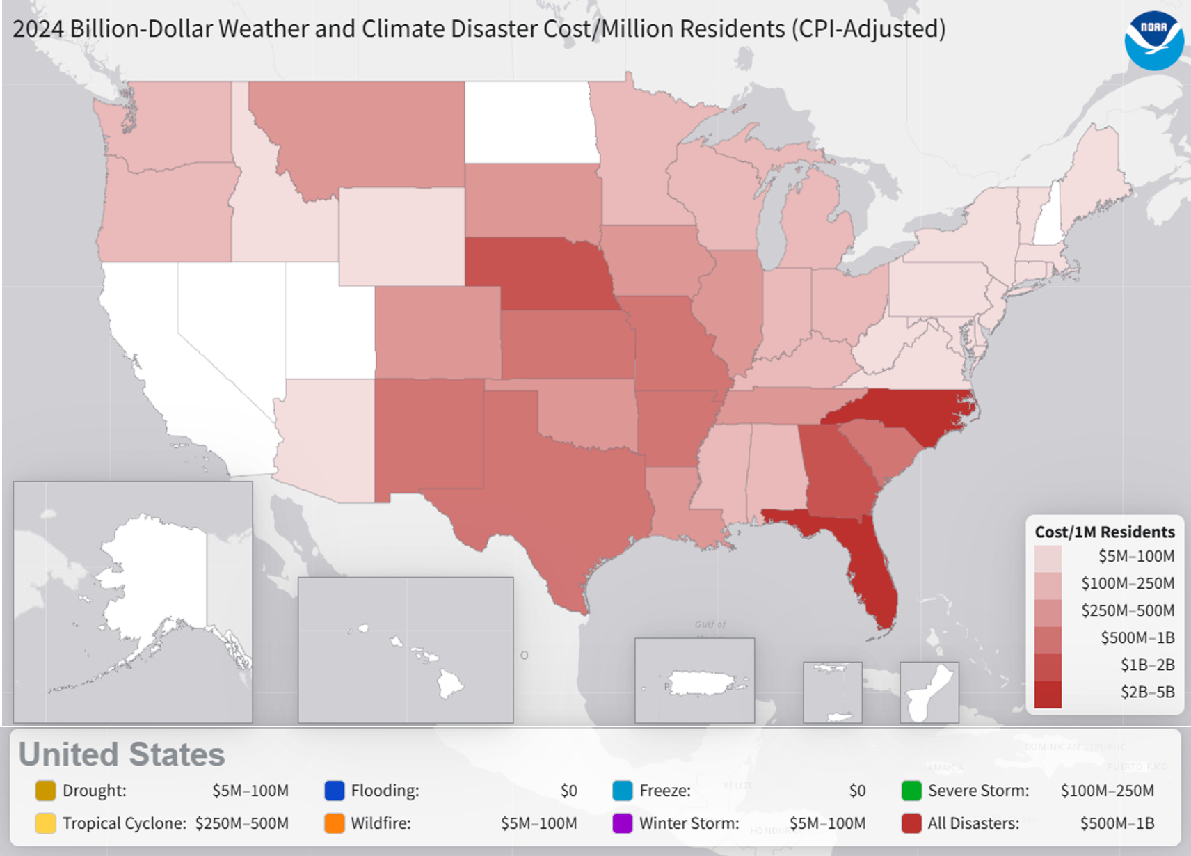 Map of United States showing state costs of disasters per million residents