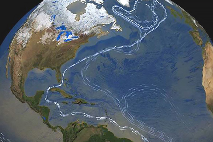 Cloudless image of Earth with AMOC traced on ocean surface