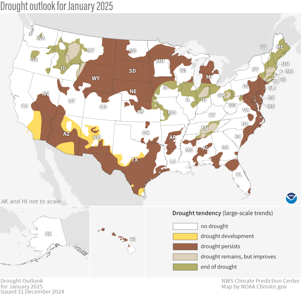 Map of U.S. drought outlook for January 2025 with insets fro Alaska and Hawaii