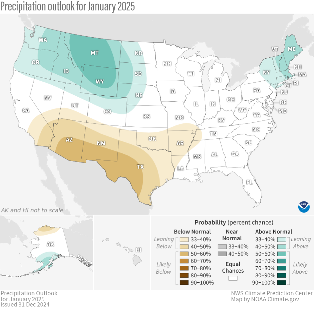 U.S. precipitation forecast map for January 2025 showing wet conditions favored for the Northwest and dry conditions favored for the Southwest