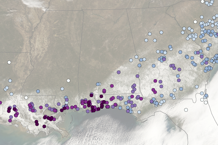 Map of southern U.S. stations that set snow records