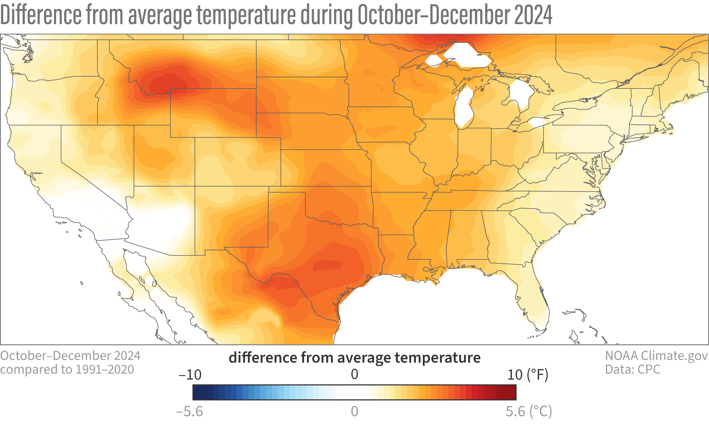 Map showing temperature patterns in the U.S. in October–December 2024