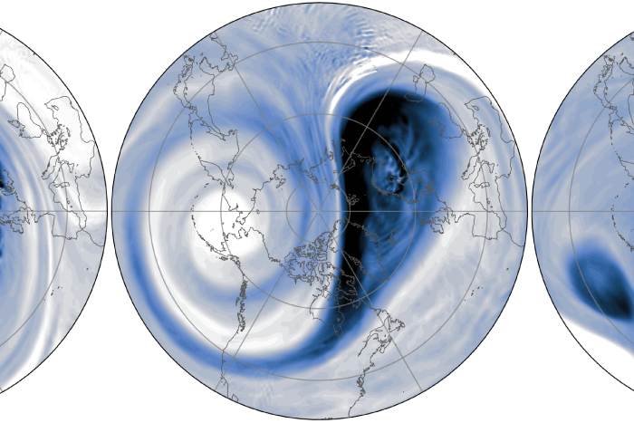 a series of maps of potential vorticity over the Arctic - one whole, two cut off