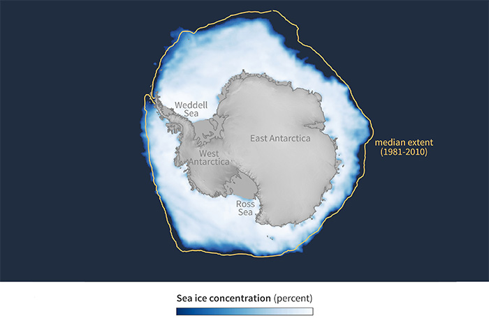 Thumbnail map of Antarctic sea ice concentration with a median extent line