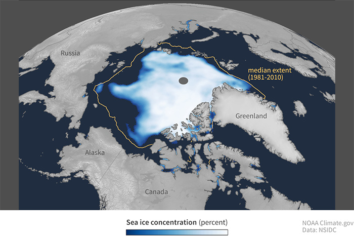 Thumbnail map of Arctic sea ice concentration with a median extent line