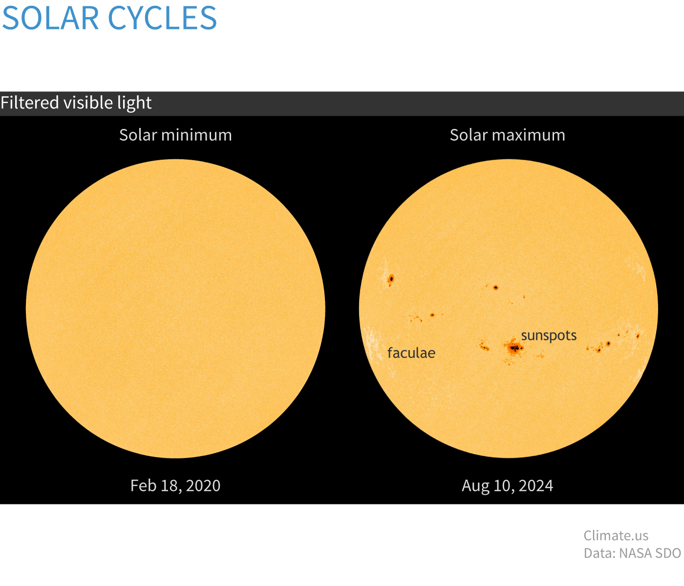 Images of the Sun in filtered visible light on August 10, 2024 (left), near solar maximum, and on February 18, 2020 (right), near solar minimum. Overall, faculae generally outshine dimming caused by sunspots.