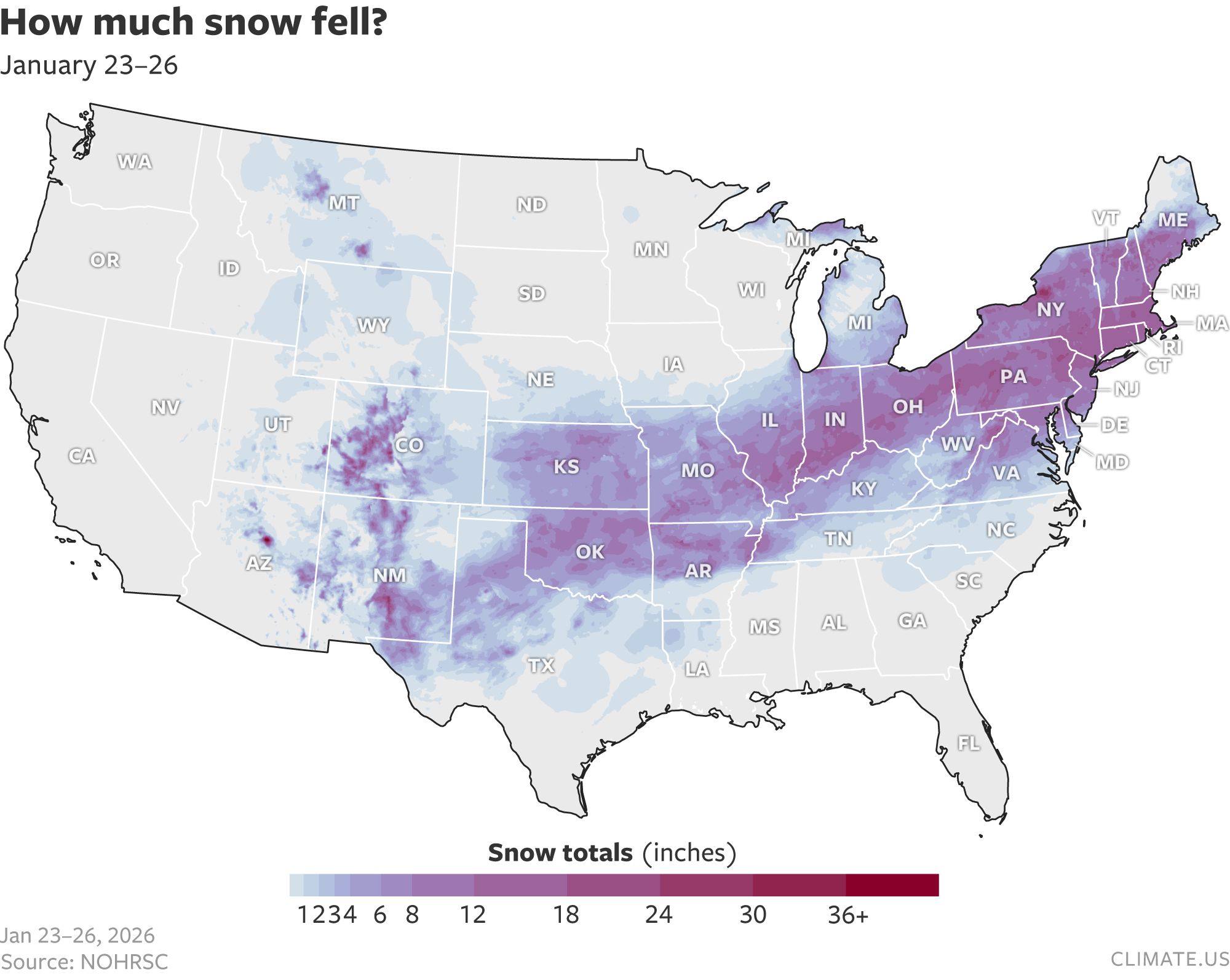 Map of snow totals across the United States following a winter storm between January 23-26, 2026