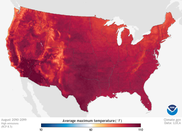 Map of projected average daytime high temperatures in the month of August in the years 2090-2099. All areas of the CONUS are much above average. 