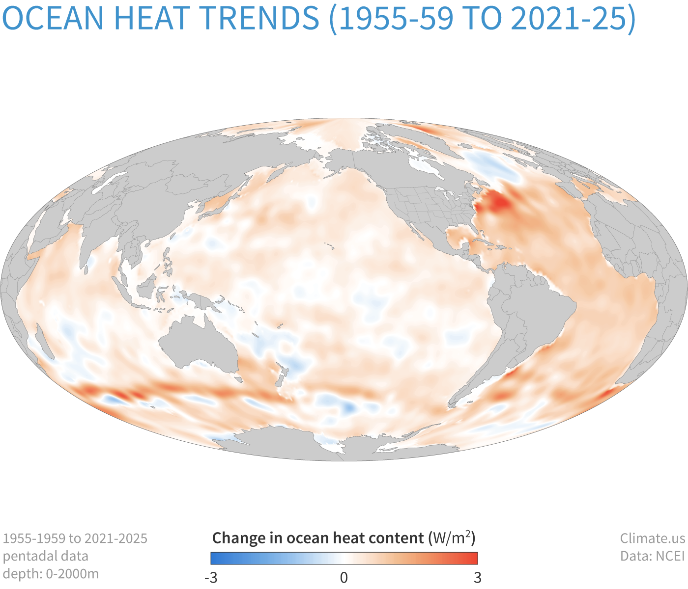 Global map showing the large area of the ocean that has accumulated excess heat between 1955 and 2025.