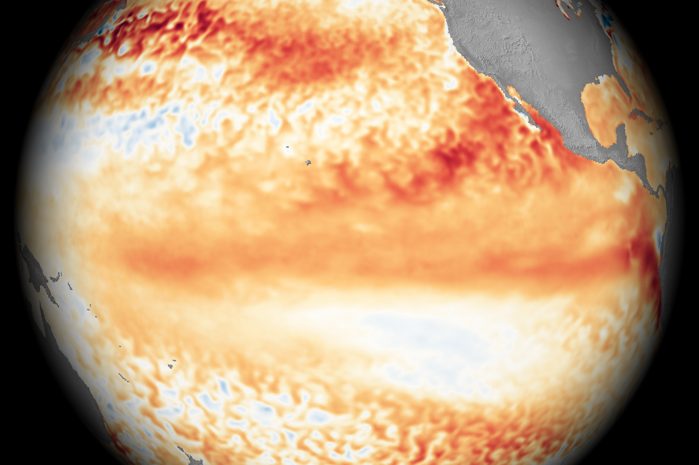 Globe-style map of Pacific Ocean temperatures showing warm waters across the equator