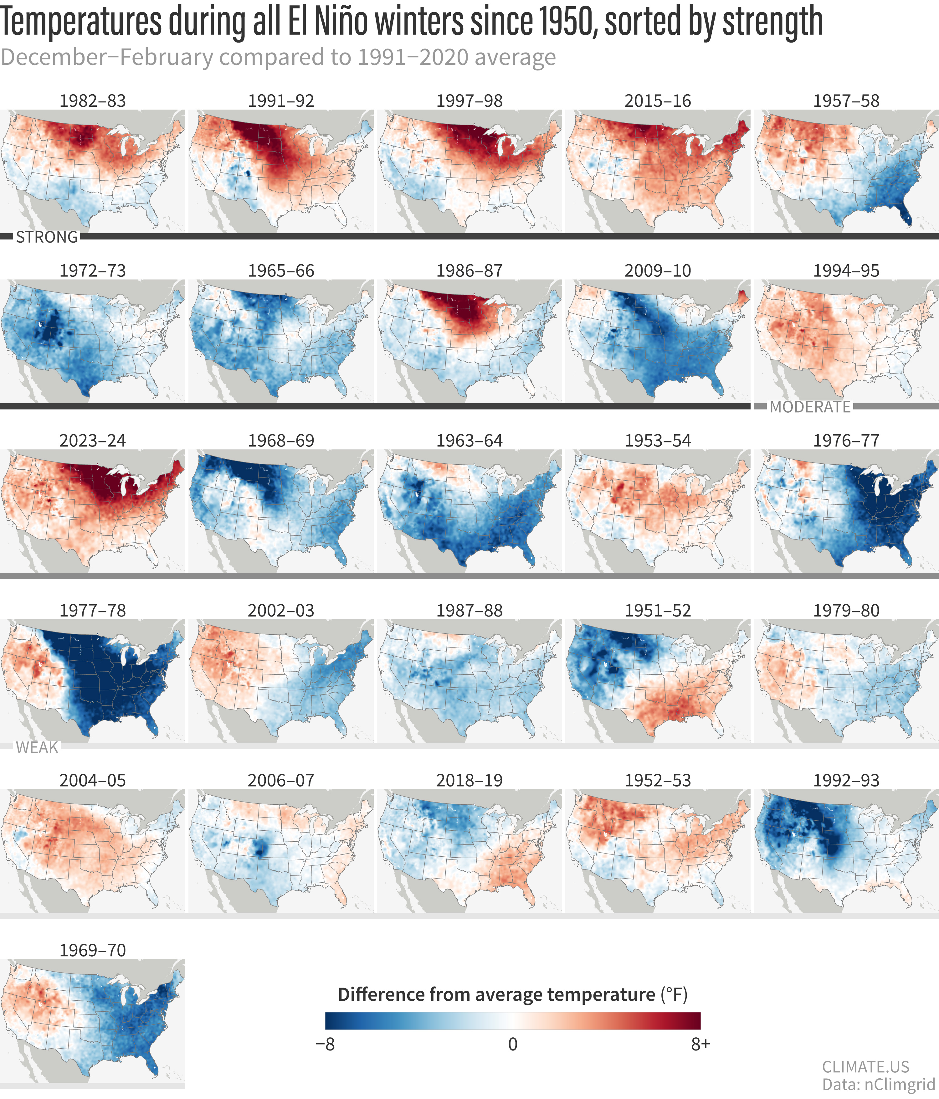 U.S. temperatures for every El Niño winter since 1950