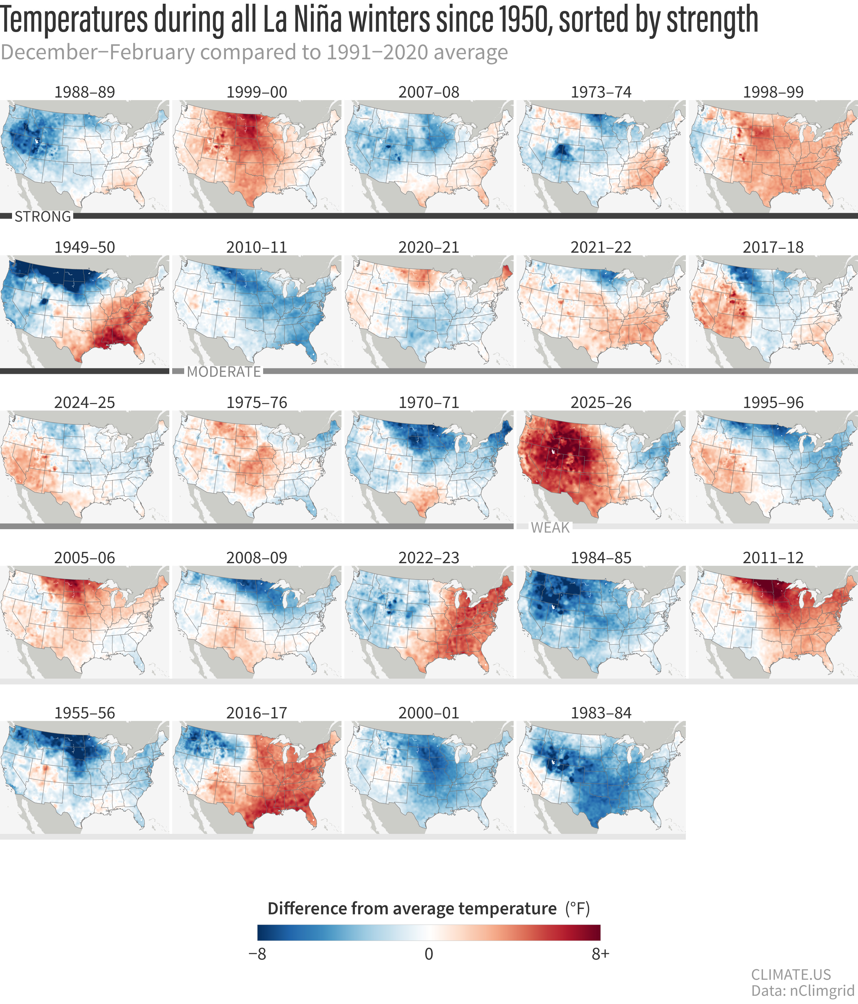 U.S. temperature patterns for every La Niña winter since 1950