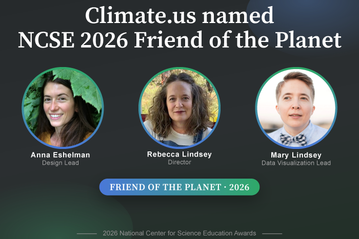 Headline reads "Climate.us named NCSE 2026 Friend of the Planet", followed by three circular photos of members of the Climate.us team