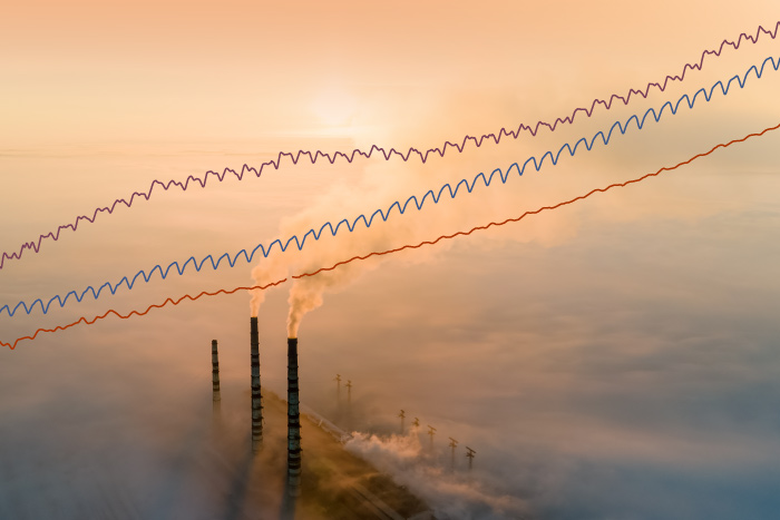 Three line graphs showing rising amounts carbon dioxide, methane, and nitrous oxide from 1980 to 2025. The data is overlaid on a hazy Adobe stock photo of a smokestacks from a power plant churning out smoke and water vapor. 