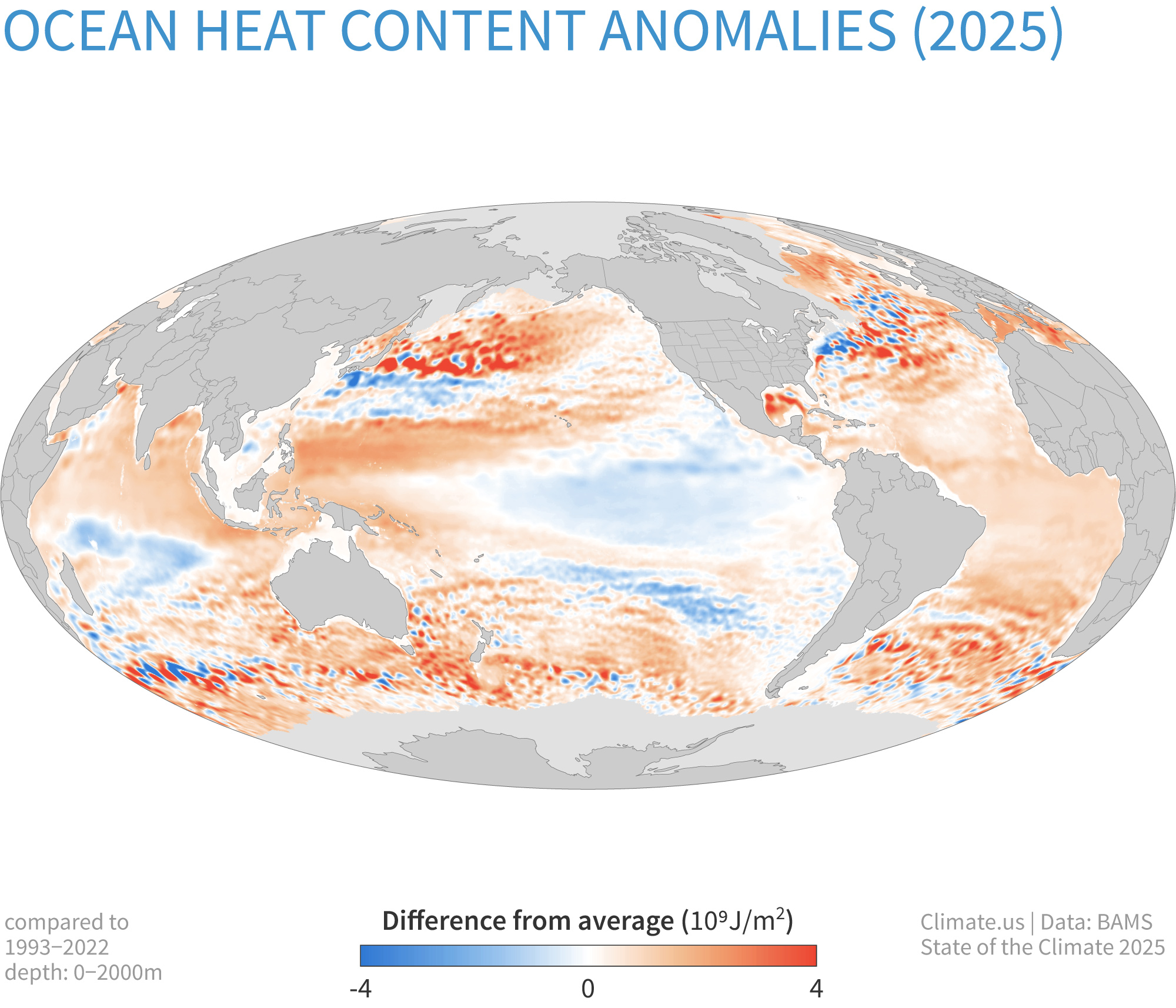 Global map showing the large areas of the ocean that are warmer than average compared to 1993-2022.