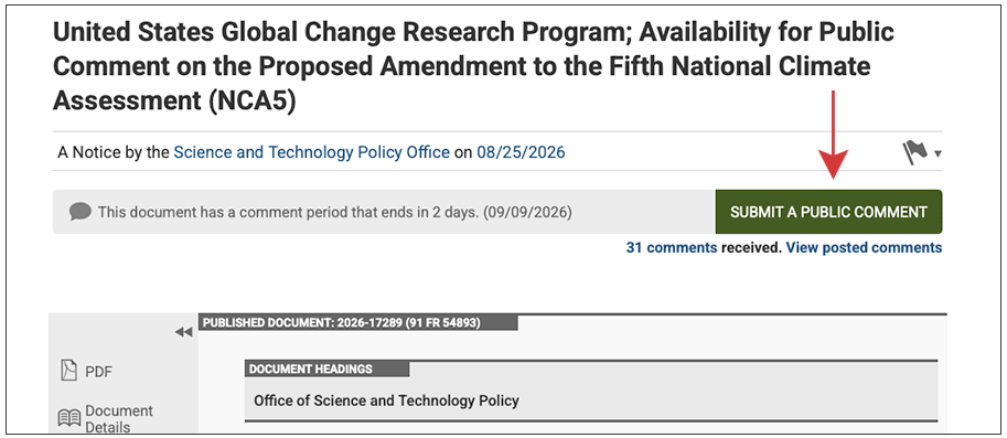 Screenshot of federal register notice webpage