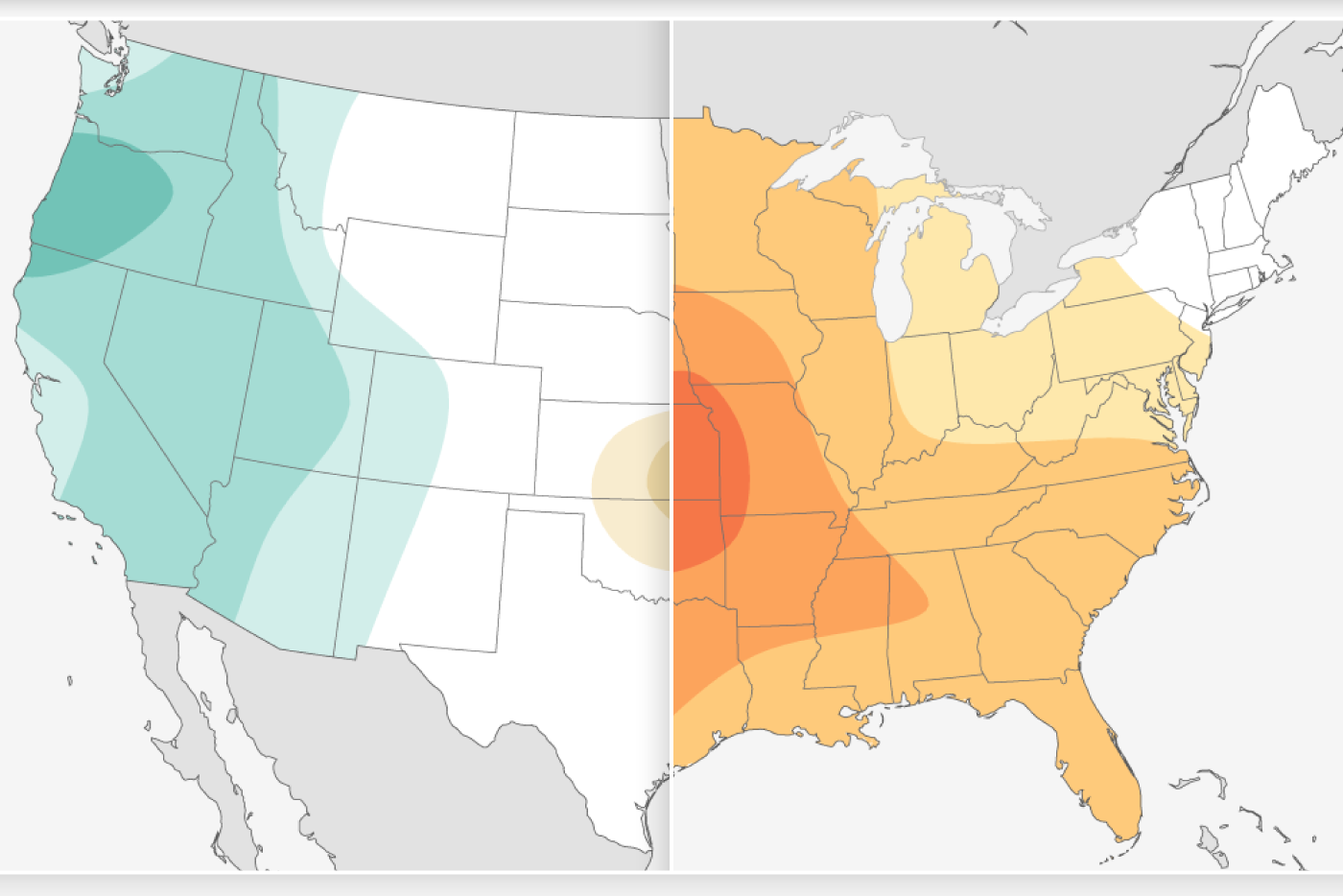 U.S. map split to show the temperature outlook for the East and the precipitation outlook for the West