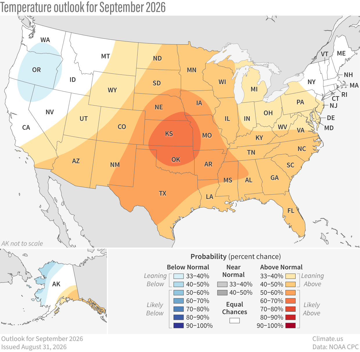 U.S. map of temperature outlook for September 2026