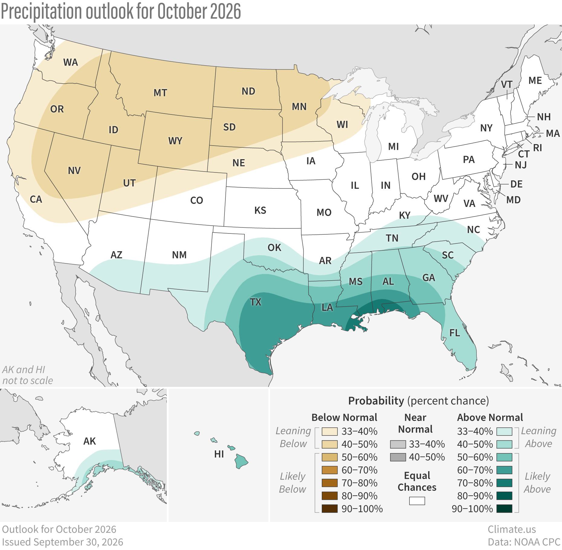 U.S. map of precipitation outlook for October 2026