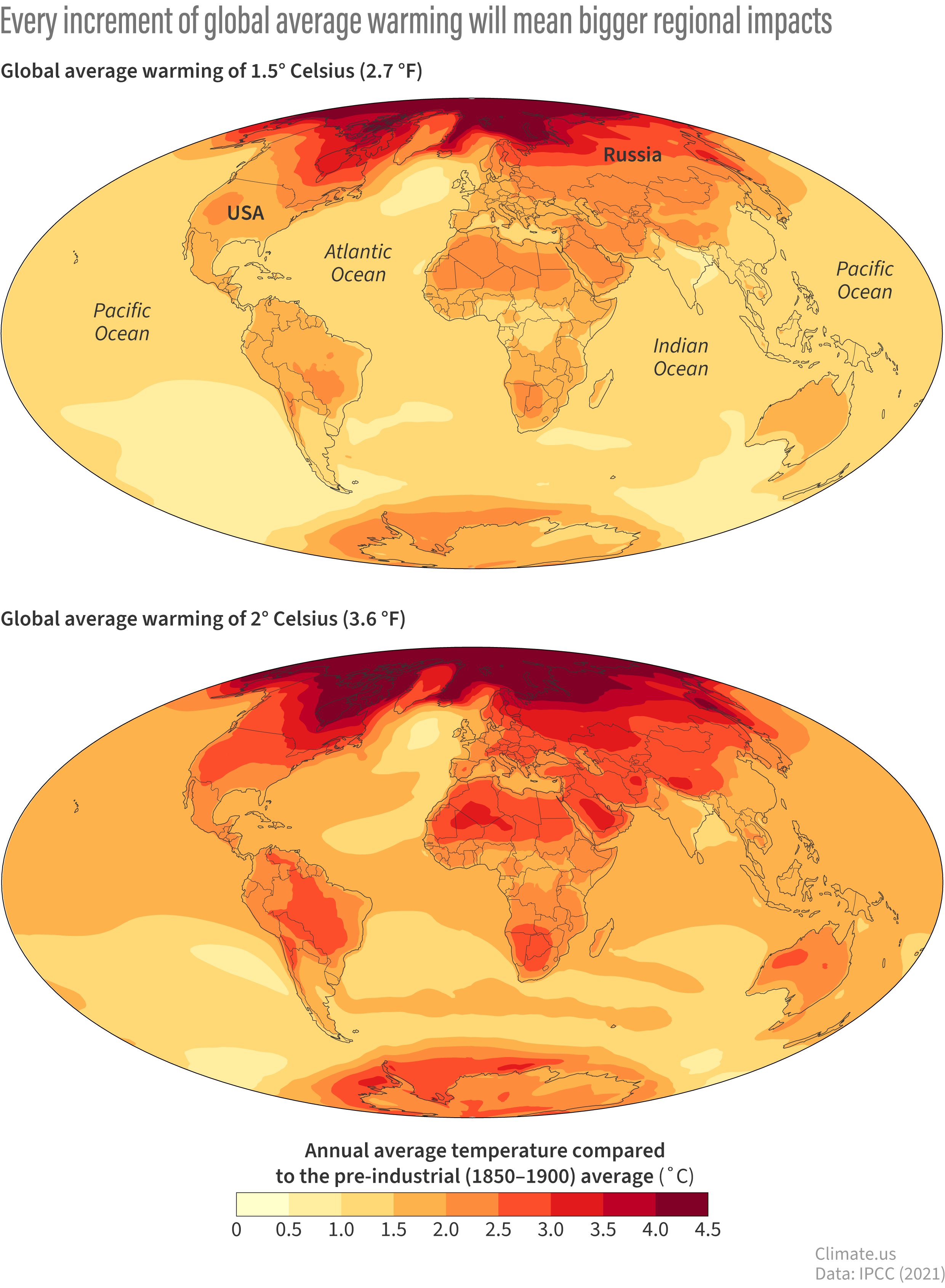 Global maps comparing the regional differences in warming that will occur global-average warming of 1.5 versus 2 degrees Celsius 