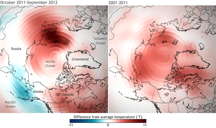 Arctic temperature patterns: 2012 and 2001-2011
