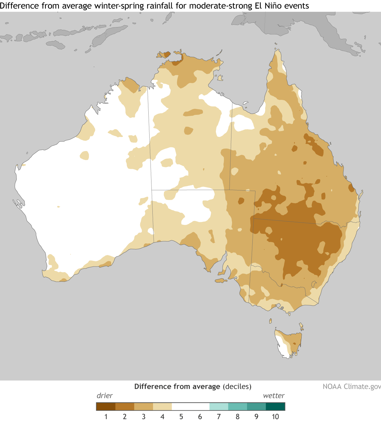 Image of average rainfall deciles for 12 moderate to strong El Niño events. 