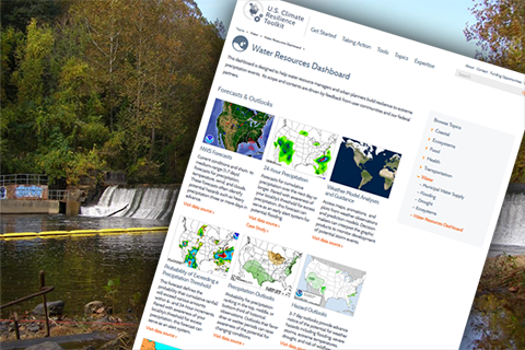 Screenshot of the front page of the Water Resources Dashboard overlaid on a photo of a small dam