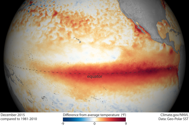 Warmth in the tropical Pacific in December 2015